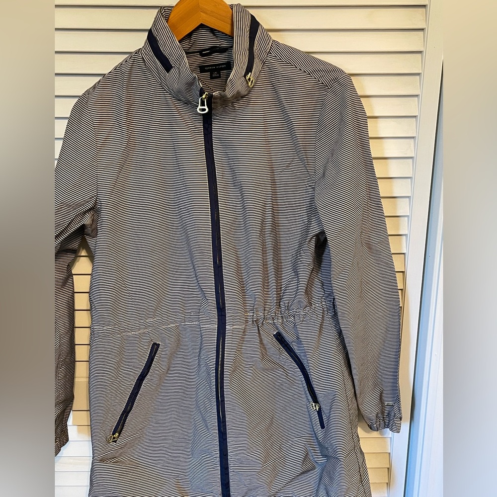 Tommy Hilfiger Womens Zip Up Utility Jacket Gold Accents, Navy & Cream Large